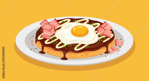 Delicious Okonomiyaki with Fried Egg and Bacon