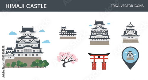 Himeji Castle Japan Travel Vector Icons