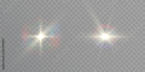 Bright light sources showing optical lens flare with colorful spectral glow on a transparent background