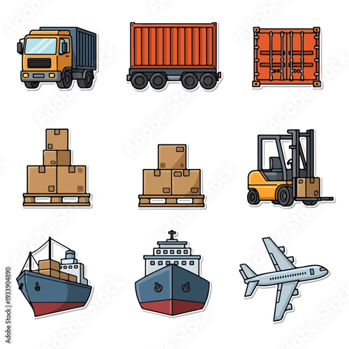 Various transportation modes and cargo handling equipment illustrated in a collection of icons depicting logistics and shipping operations