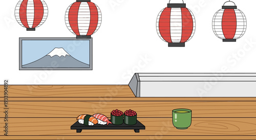 Japanese Food Sushi and Tea with Lanterns and Mt Fuji Art