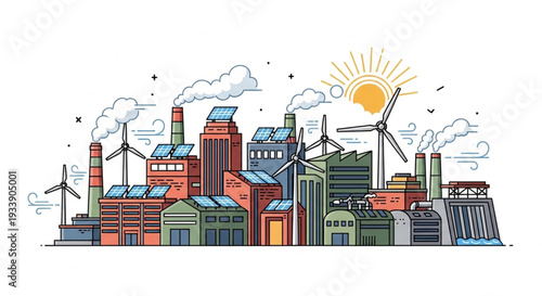Industrial Cityscape with Wind Turbines.