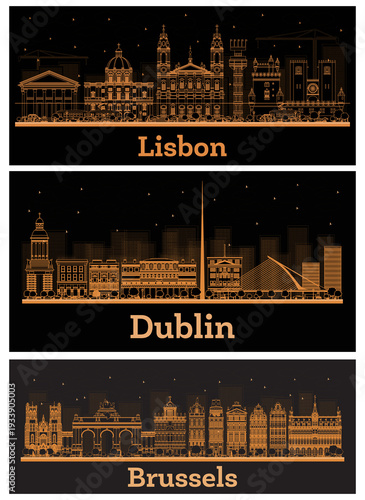 Photography Outline Dublin Ireland, Brussels Belgium and Lisbon Portugal City Skyline set with orange Buildings