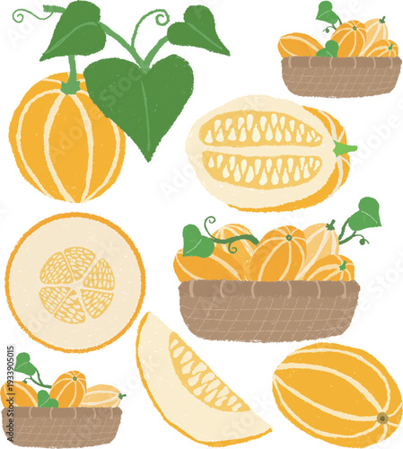 크레파스로 그린 것 같은 느낌의 과일 손그림 참외