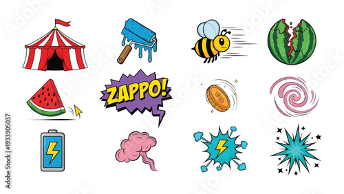 Playful Elements Collage: A vibrant collage of cartoonish icons, each a symbol of creativity, fun, and energy, designed to ignite imagination and bring a spark of playfulness.