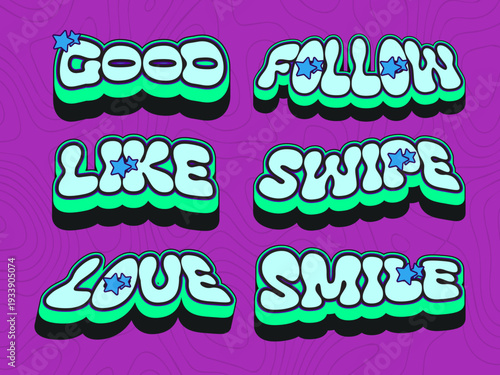 Retro 3D Social Media Text Set with Bold Yellow Typography