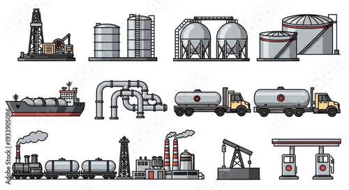 Industrial Collection Oil Gas Energy Production Transportation Icons.