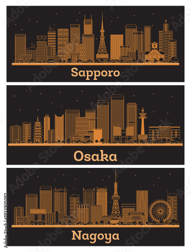 Outline Nagoya, Osaka and Sapporo Japan City Skyline set with orange Buildings. Cityscape with Landmarks.