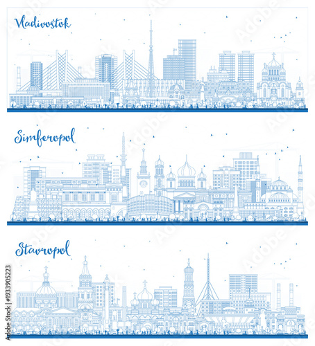 Outline Simferopol, Vladivostok, Stavropol Russia city skyline set with blue buildings. Cityscape with landmarks.