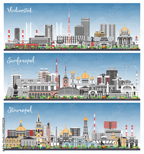 Simferopol, Vladivostok and Stavropol Russia city skyline set with color buildings and blue sky. Cityscape with landmarks.