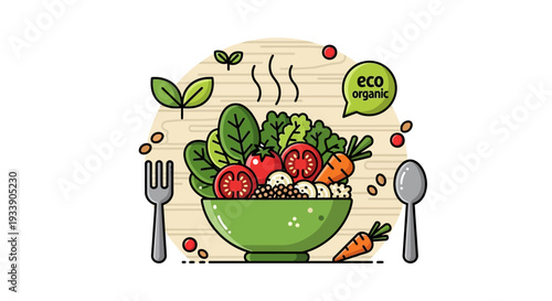 Healthy Organic Salad Bowl with Fresh Vegetables and Spoon