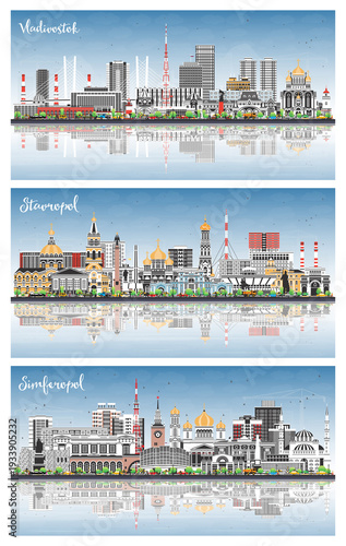 Stavropol, Simferopol, Vladivostok Russia city skyline set with color buildings, blue sky and reflections. Cityscape with landmarks.