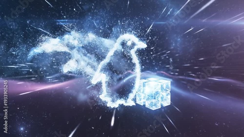 Abstract glowing energy form resembling a bird with crystalline cubes in a cosmic background