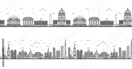 Seamless pattern with outline Moscow Russia and Washington DC USA City Skyline. Buildings Isolated on White. Illustration. Cityscape with Landmarks.