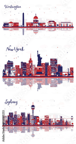 Sydney Australia, New York USA and Washington DC city skyline set with color buildings and reflections.