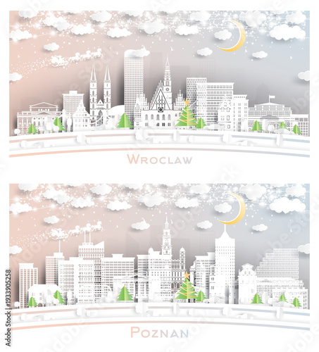 Poznan and Wroclaw Poland. Winter city skyline set in paper cut style with snowflakes, moon and neon garland. Christmas and new year concept. Santa Claus on sleigh.