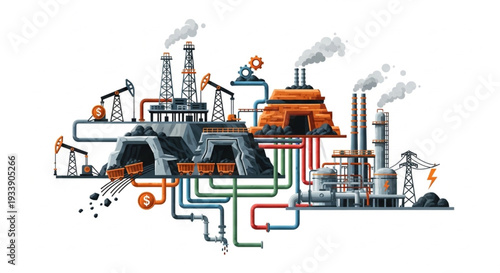 Industrial complex with oil pumps and smoking chimneys.