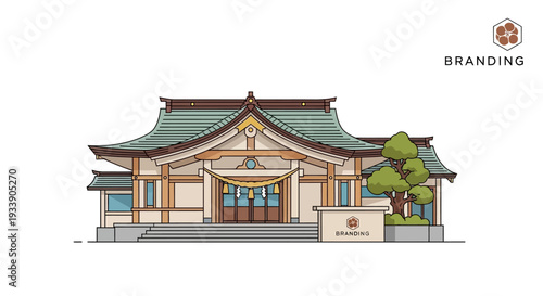 Japanese Shrine Building with Tree and Logo