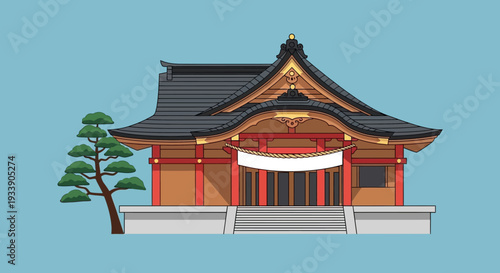 Japanese Shrine Building with Pine Tree and Blue Sky