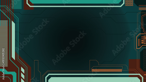 Abstract hi-tech circuit board background. Futuristic PCB design with copper traces on deep turquoise gradient. Modern technology digital layout with copy space for text. 