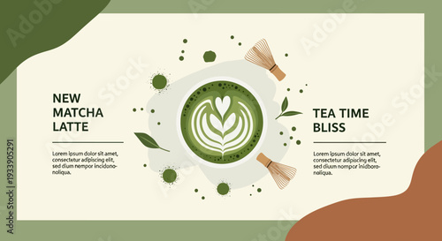 Matcha latte art with bamboo whisk and text