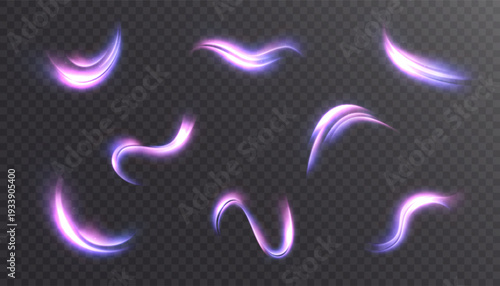 A set of abstract, flowing light stripes shimmering in vibrant purple and pink hues against a dark background.