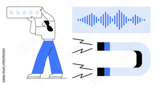 Customer attraction concept. Visual elements include a magnet, sound waves, and a user holding a rating bar. Customer attraction s engagement methods and feedback systems. Ideal for marketing