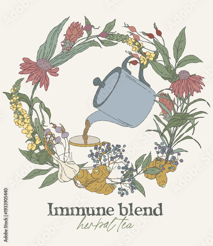 Botanical Wreath with Teapot Pouring Tea