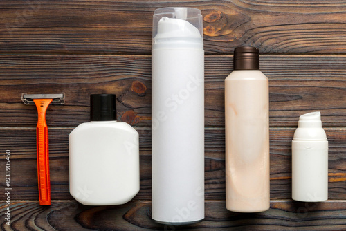 Wallpaper Mural shaving man set. shaving machine, towel, lotion and shaving foam on colored background. Men bath Accessories top view Torontodigital.ca