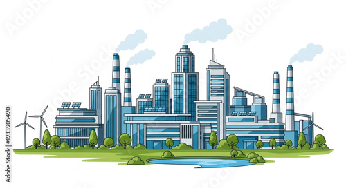 Industrial Complex with Wind Turbines.