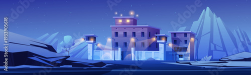 Prison building at night mountain landscape, jail