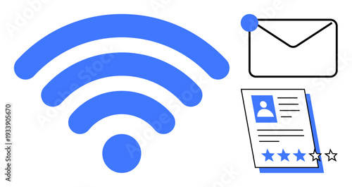 Large wireless signal, envelope icon, and user profile sheet with rating stars. Ideal for digital communication, networking, internet services, connectivity, profile management, technology