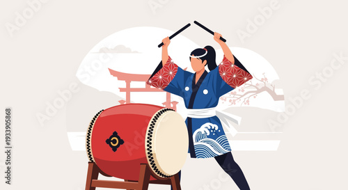 Japanese Woman Playing Taiko Drum at Festival