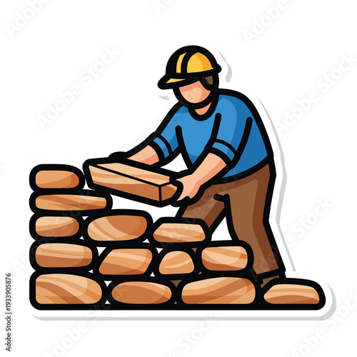 Construction worker in hard hat placing brick on wall during construction process illustration