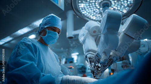 Moody cinematic shot of a surgeon using a robotic arm in a high tech theatre