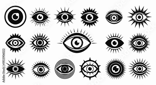 Collection of Various Black and White Eye Illustrations.