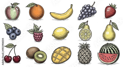 Vintage Hand Drawn Colorful Fruit Set – Apple, Banana, Grapes, Strawberry, Lemon, Pear, Pineapple, Watermelon Botanical Illustration Collection