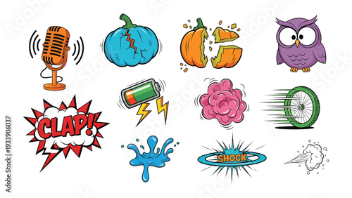 Comic Pop-art Illustration Collection: Vibrant collection of pop-art style illustrations featuring icons of sound, explosions and nature, perfect for storytelling and design projects.