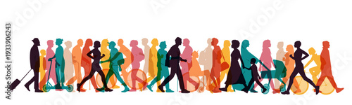 Silhouettes of different people on the street. Colourful design.