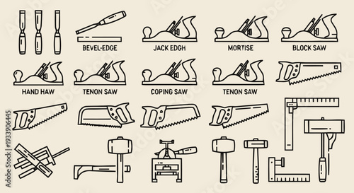 Collection of Various Carpentry Tools and Equipment.