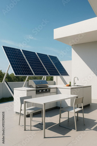 Modern Outdoor Kitchen with Solar Panels and Minimalist Design for Sustainable Living Spaces