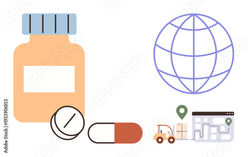 Logistics, global supply chain, healthcare management, e-commerce, pharmaceutical industry, medication delivery. Pill bottle, tablets capsules map globe and transport symbols. Logistics