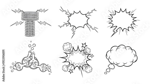 Illustration elements: Abstract vector illustration of a set of six isolated design elements, featuring a bolt with electric flashes, speech bubbles and a chemical flask.