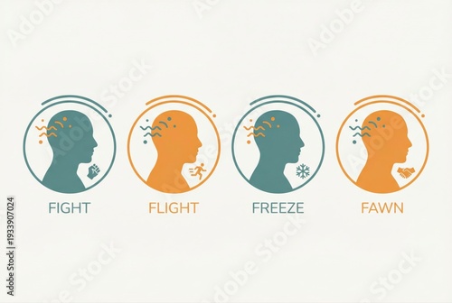Visual Representation of Human Responses in Crisis Mode Including Fight Flight Freeze and Fawn Mechanisms Highlighting Impacts on Behavior and Emotions