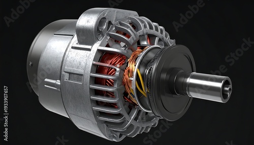 A silver and black car alternator component displaying copper windings against a dark background