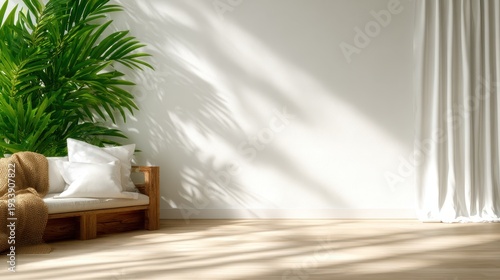 A serene and minimalist living room featuring a cozy bench adorned with pillows, a large lush plant, and soft shadows cast on the wall, epitomizing tranquility and comfort.