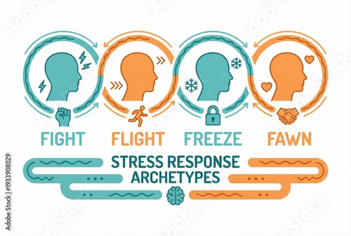 Stress response archetypes illustrating fight, flight, freeze, and fawn mechanisms represented through distinct human profiles and dynamic graphic elements revealing emotional reactions
