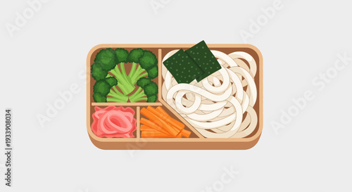 Bento Box with Udon Noodles, Broccoli, Carrots, and Pickled Ginger