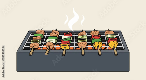 Barbecue grill with colorful vegetable and meat skewers cooking