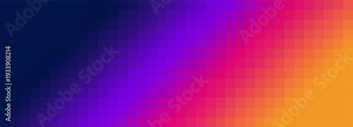 Purple orange gradient pixel background with abstract mosaic squares. Blue indigo geometric pattern in digital grid. Vector synthwave texture. Retro wallpaper for tech cover designs.